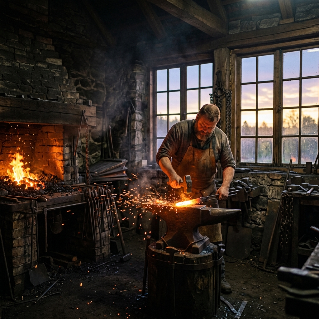 Blacksmith forging metal at dawn